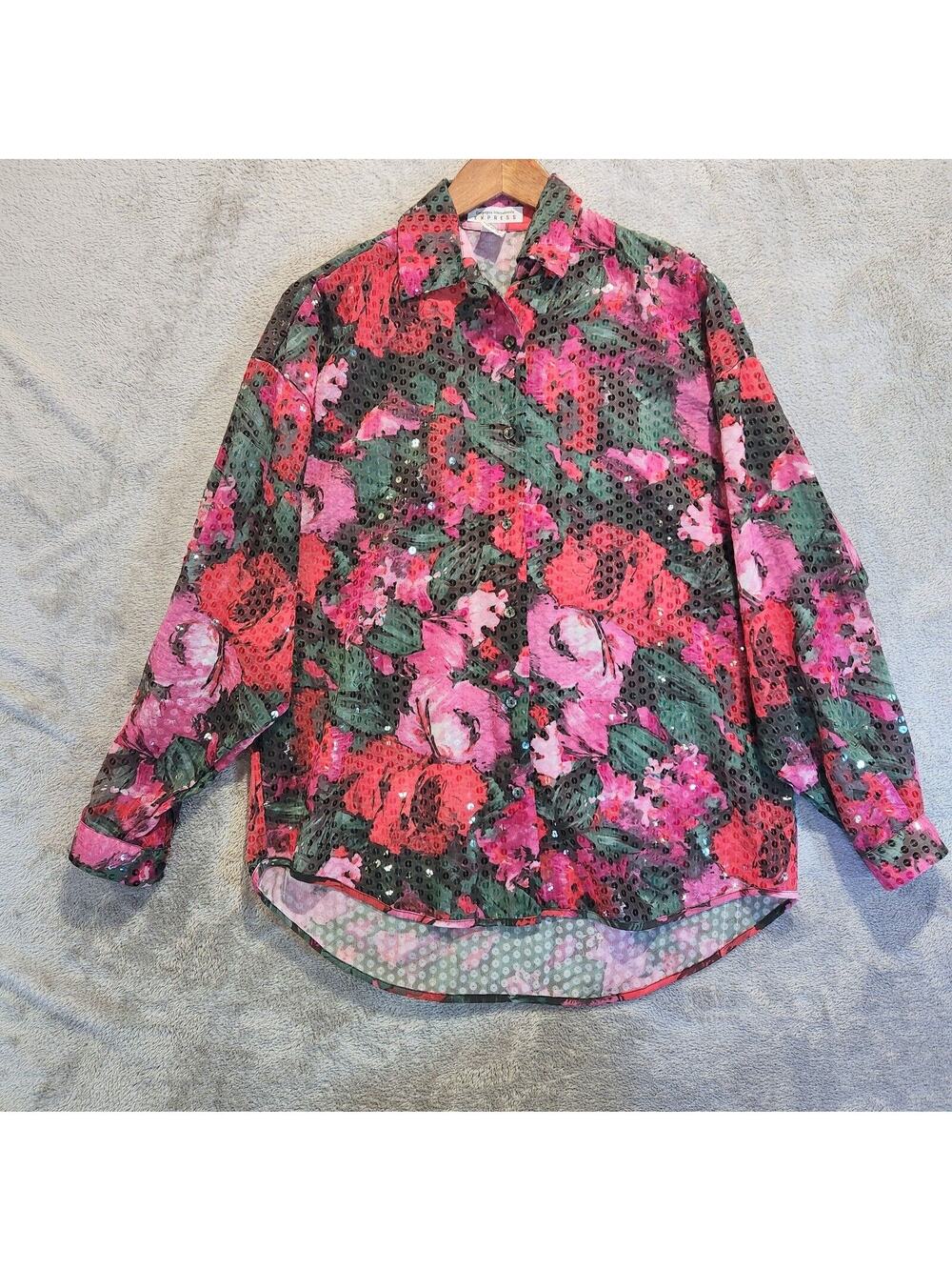 Vintage Express Pink Red Floral Sequin Button Up Blouse Size XS 90s Y2K Feminine